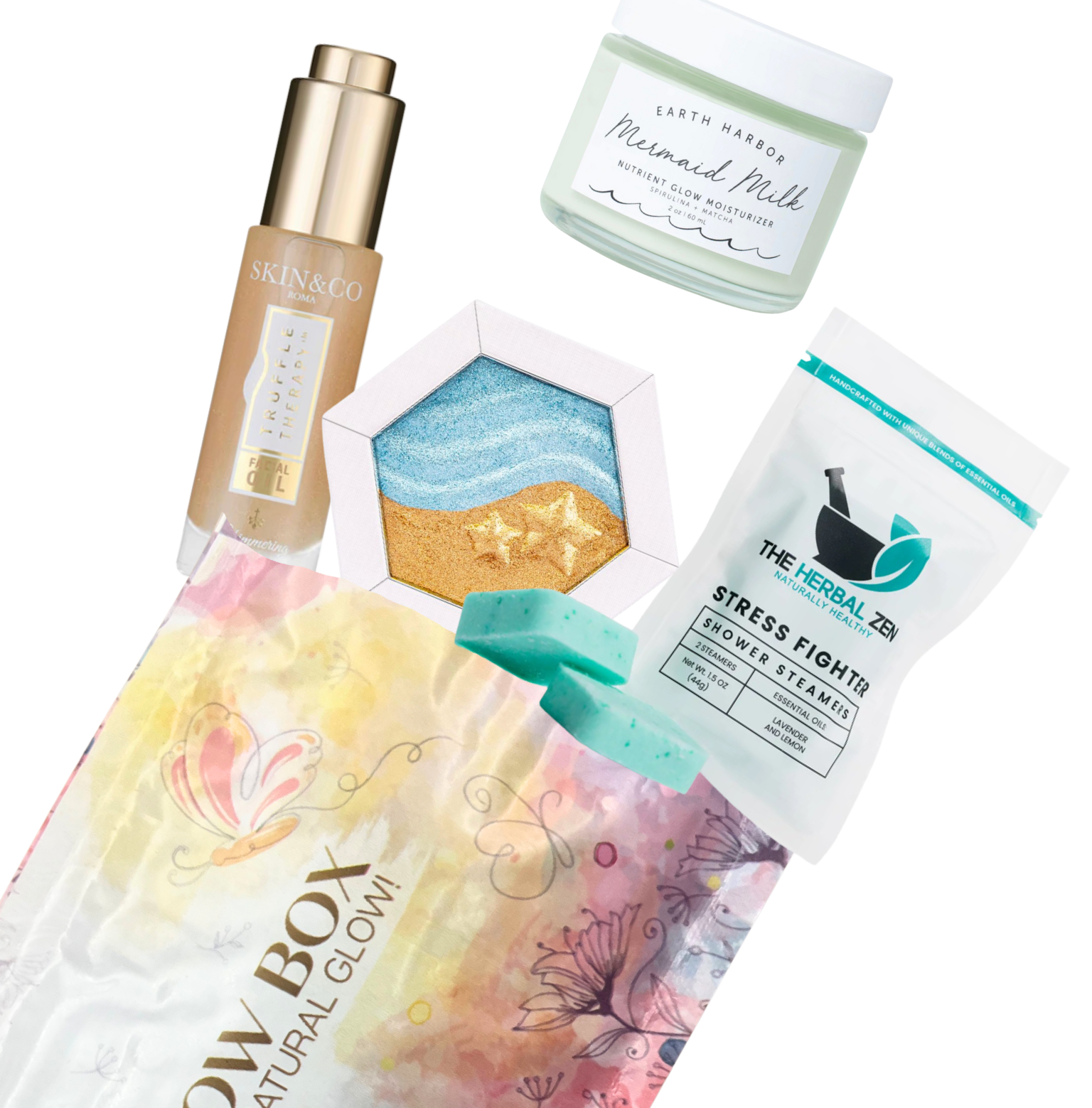 Contents of a past GenGlow bubble mailer: facial oil, moisturiser and shower steamers